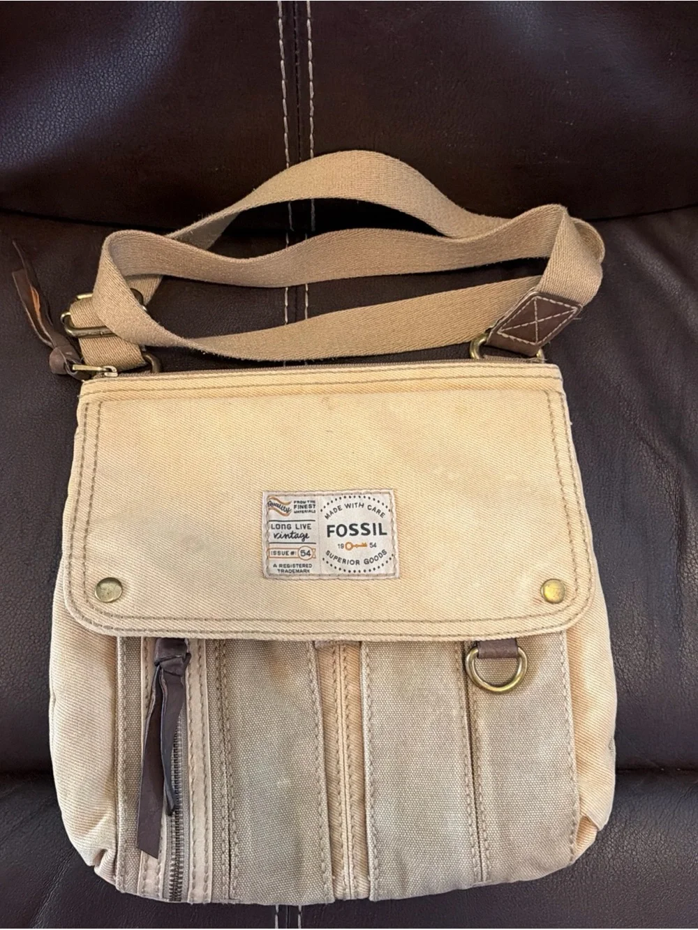 Fossil Men's Canvas Crossbody Messenger Bag in Tan Adjustable Strap